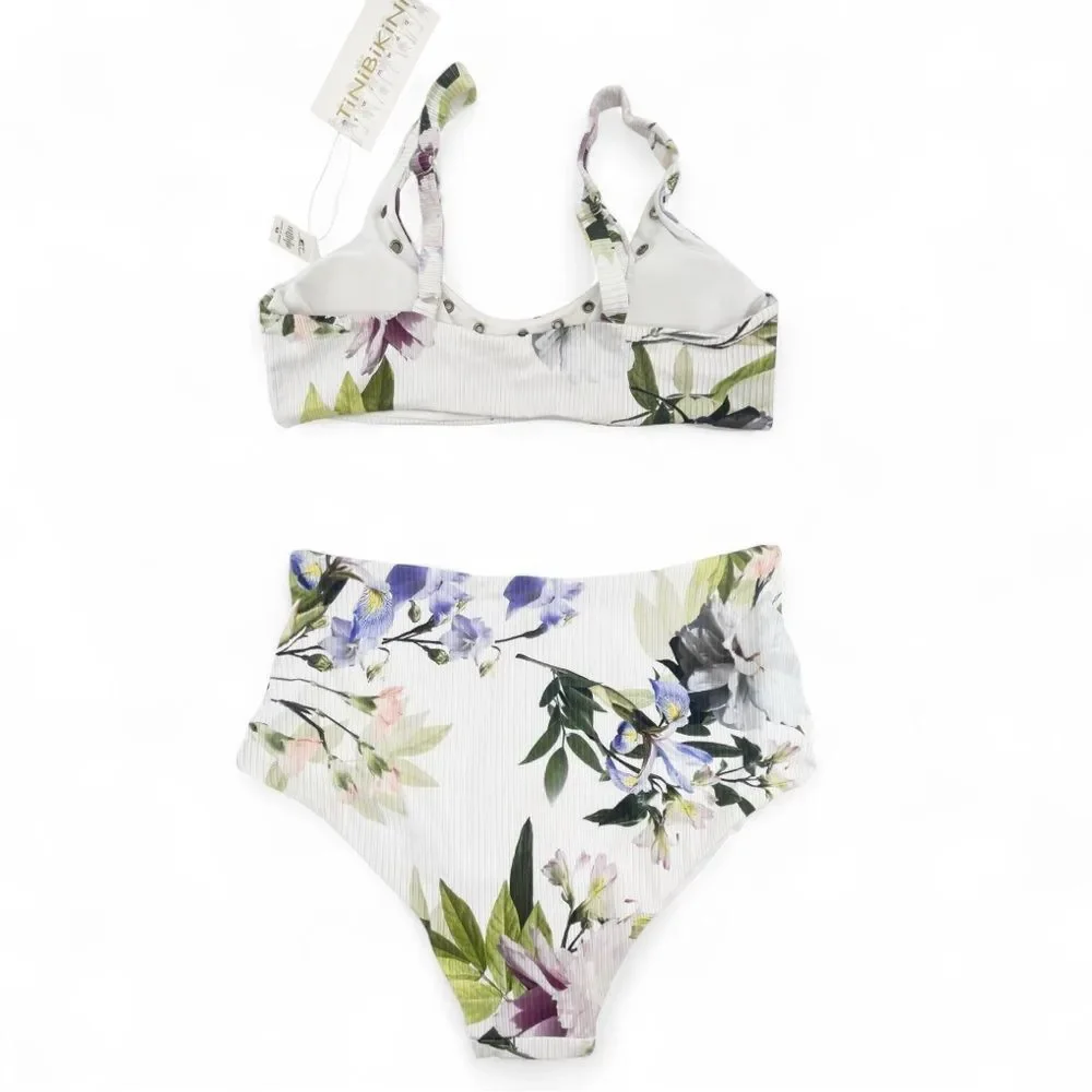 NWT TiniBikini Floral Ribbed Bikini Set S/M Eyelet Detail Swim White Lavender